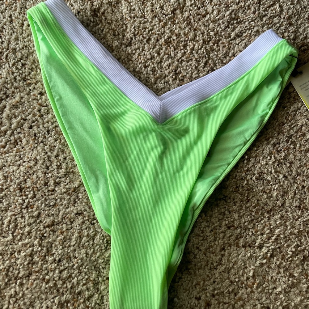 Oneone Neon Lime V-Front Bikini Bottom with White Trim - Women Swim Bikinis